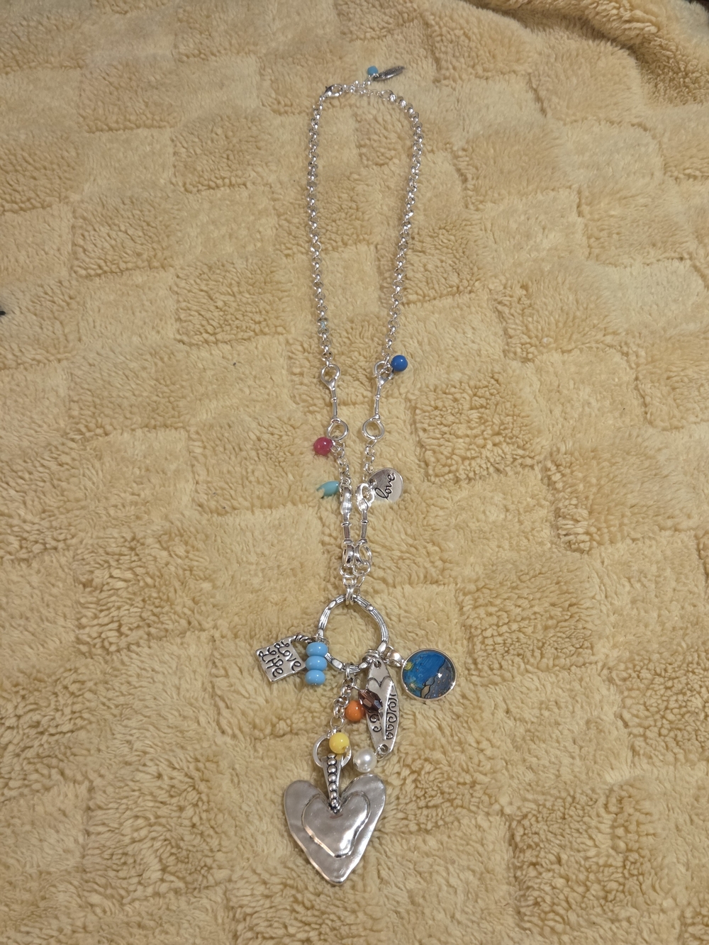Plunder Silver-tone Heart Charm Necklace with Blue, Pink and Yellow Beads